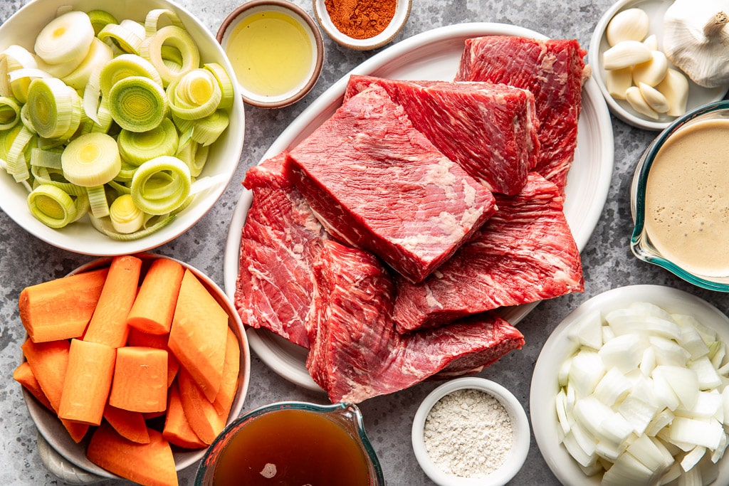 beer braised brisket ingredients laid out