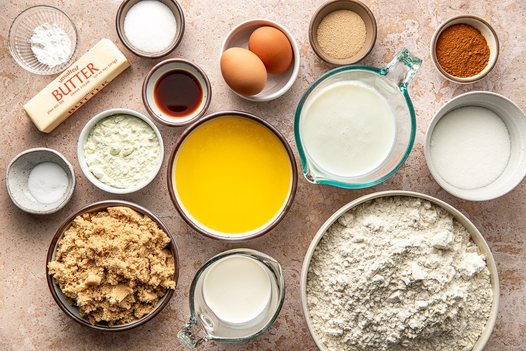 buttermilk cinnamon roll ingredients laid out