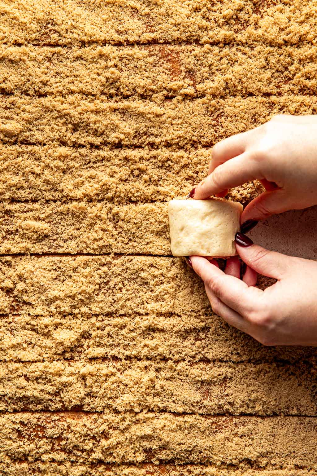an action shot of rolling up the cinnamon roll dough
