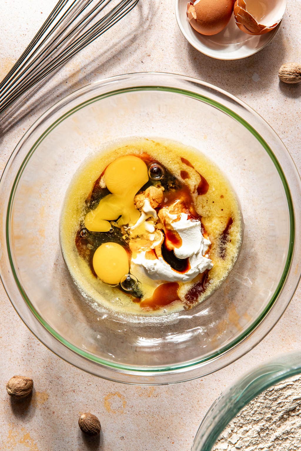 wet ingredients in a mixing bowl before mixing