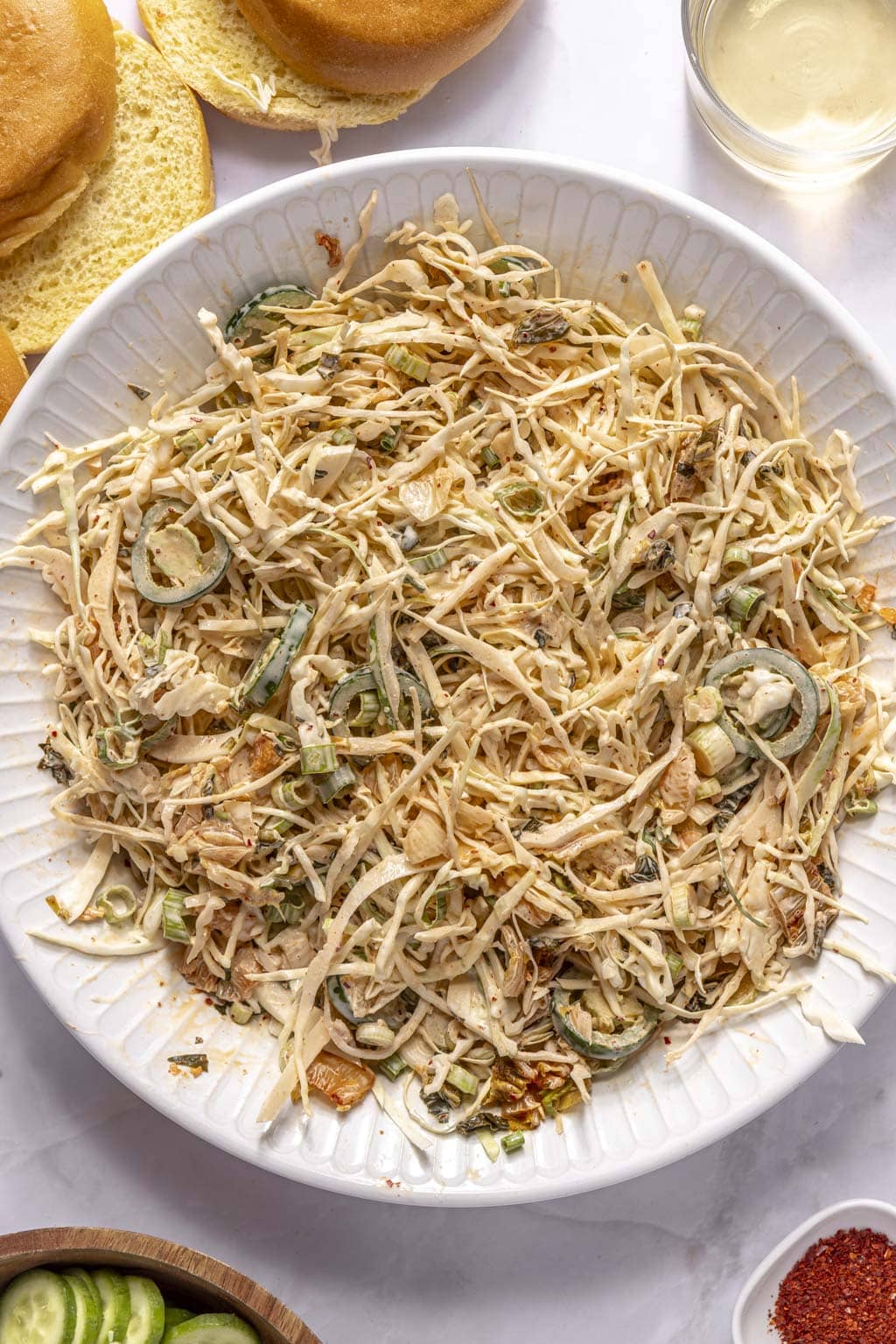 kimchi slaw in a large serving bowl