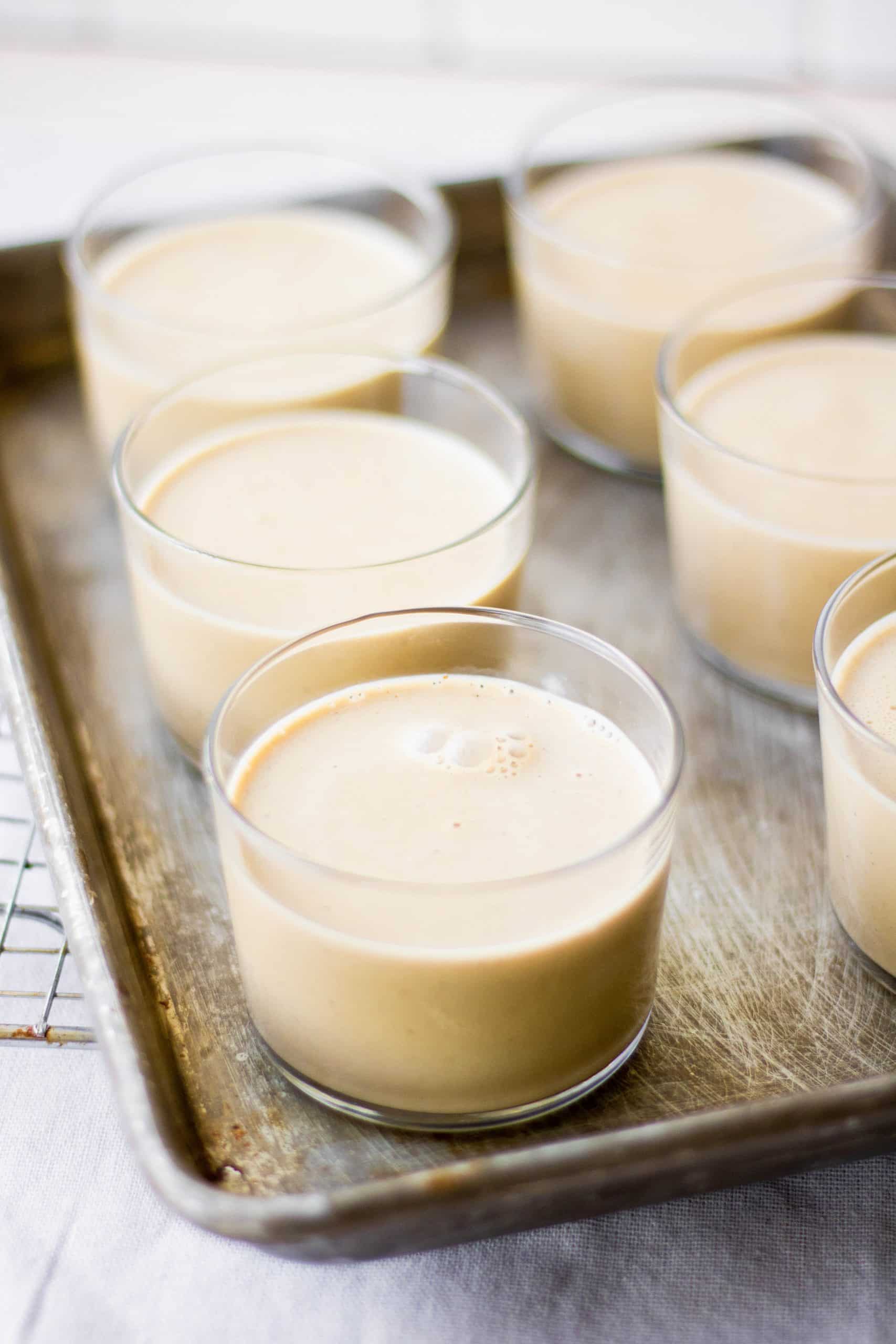 Coffee panna cotta in glass jars. 