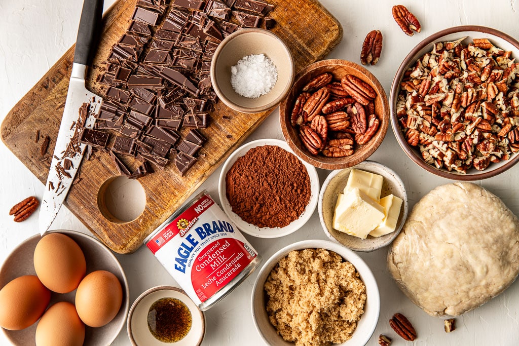 Salted Chocolate Pecan Pie Ingredients laid out