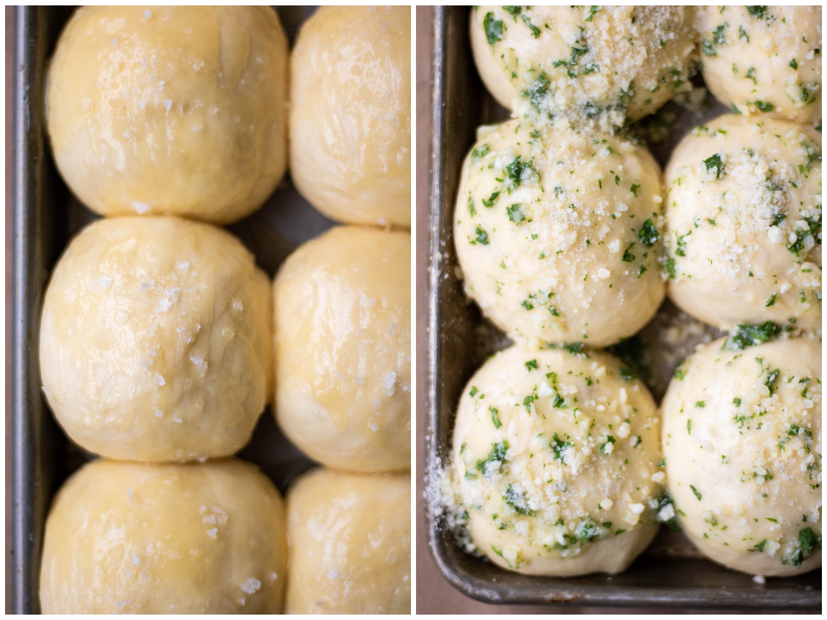 Dinner rolls brushed with honey butter and garlic butter 