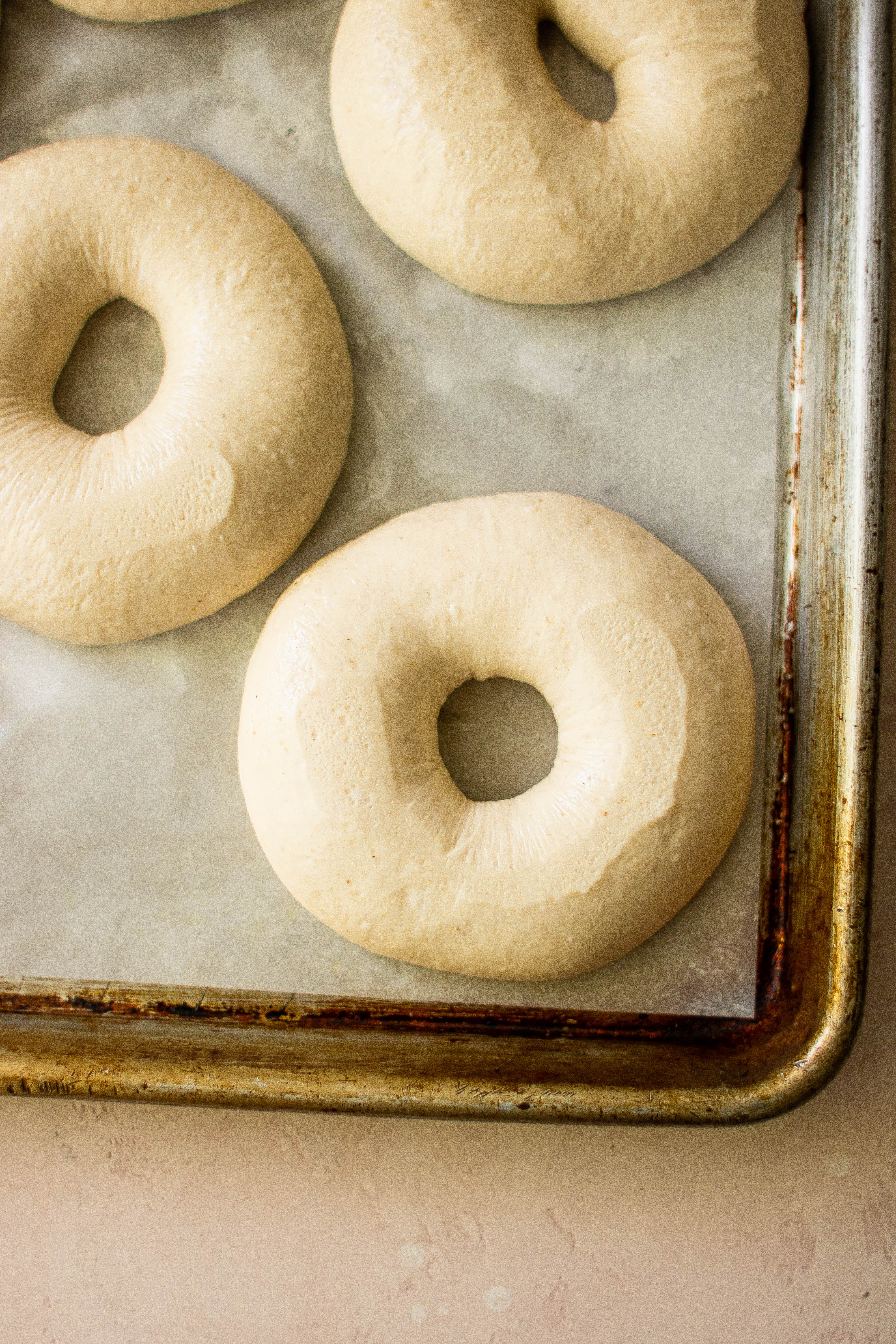 shaped bagels after boiling 
