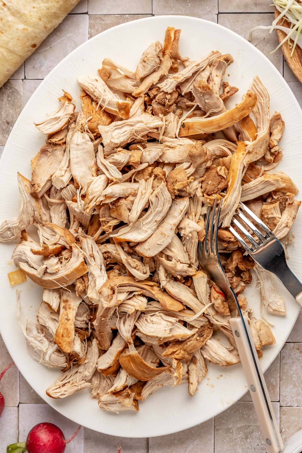 Shredded chicken on a platter 