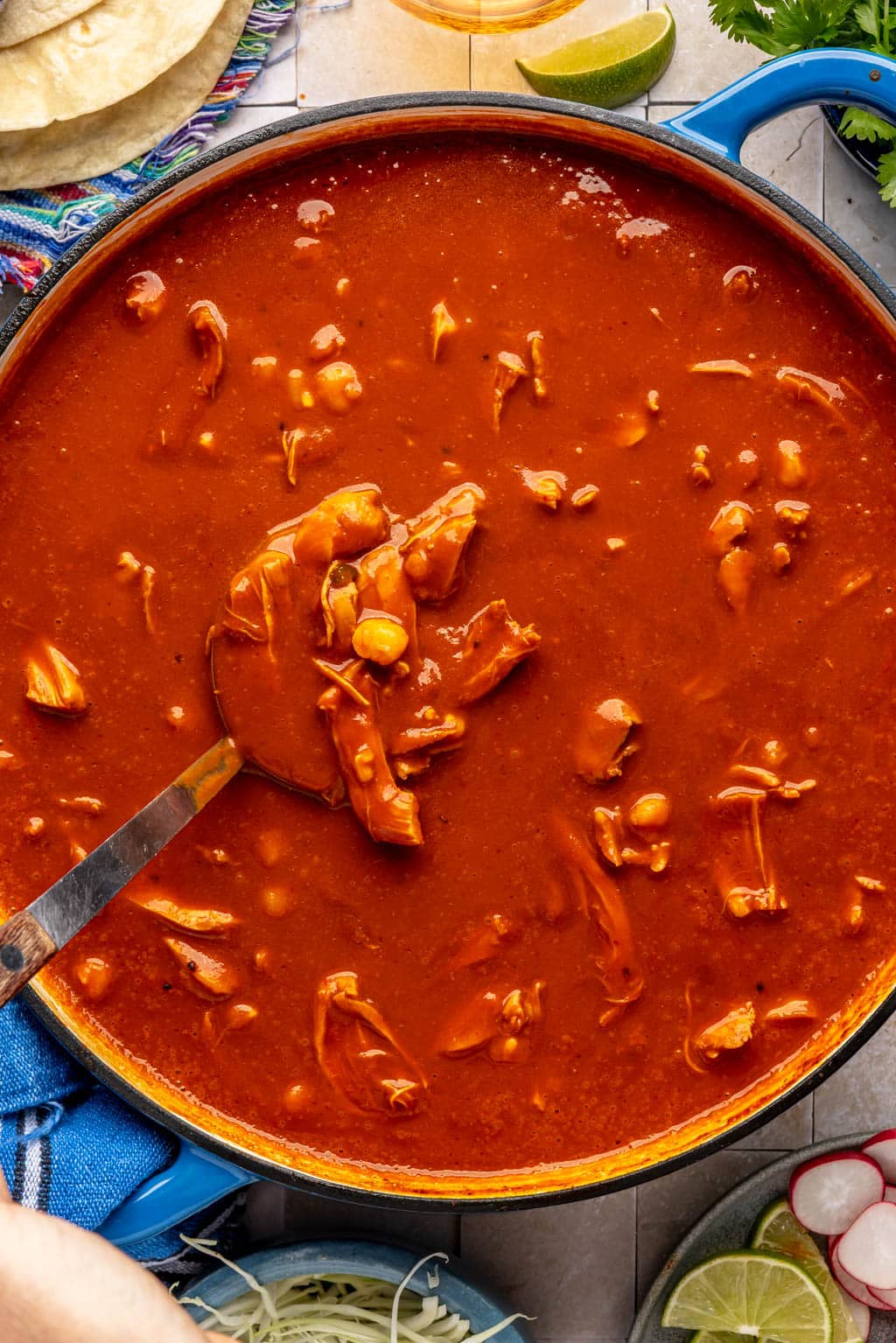 Red pozole after the final simmer 