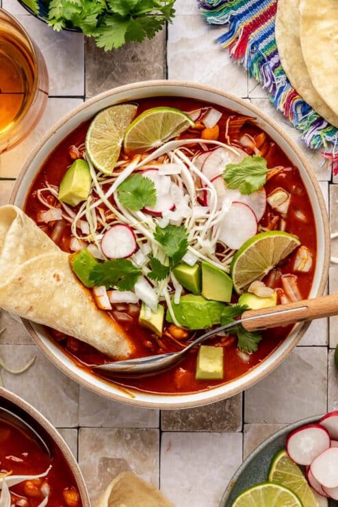 red pozole with chicken