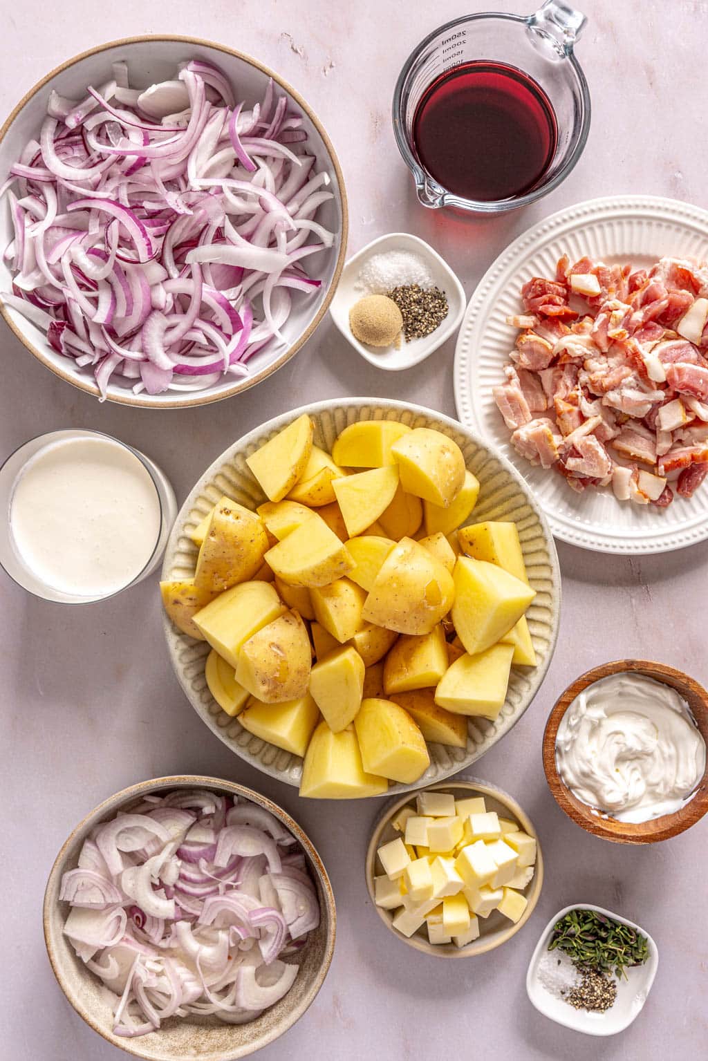 caramelized onion and bacon mashed potato ingredients laid out