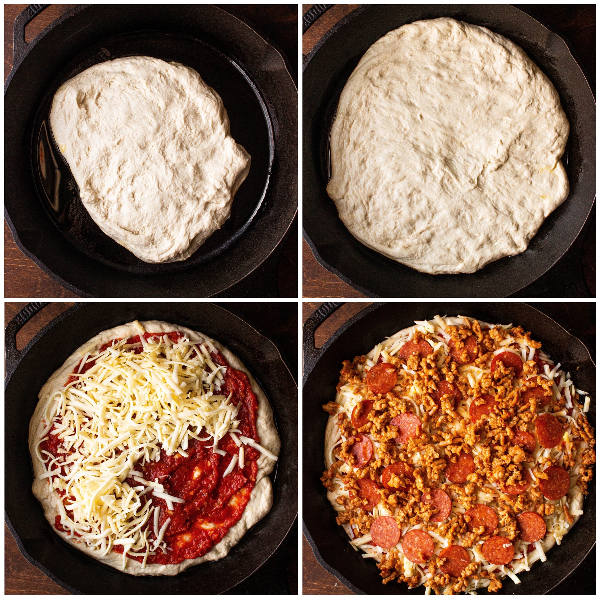 Collage showing steps to making pizza in a cast iron pan 