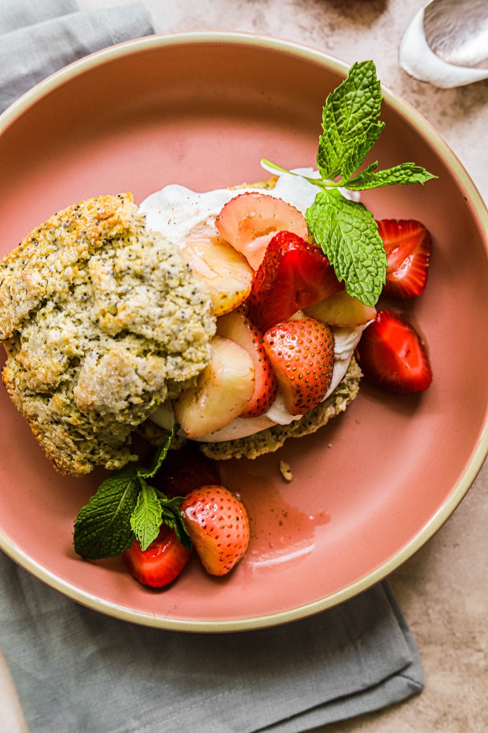 Strawberry lemon shortcake on a pink plate