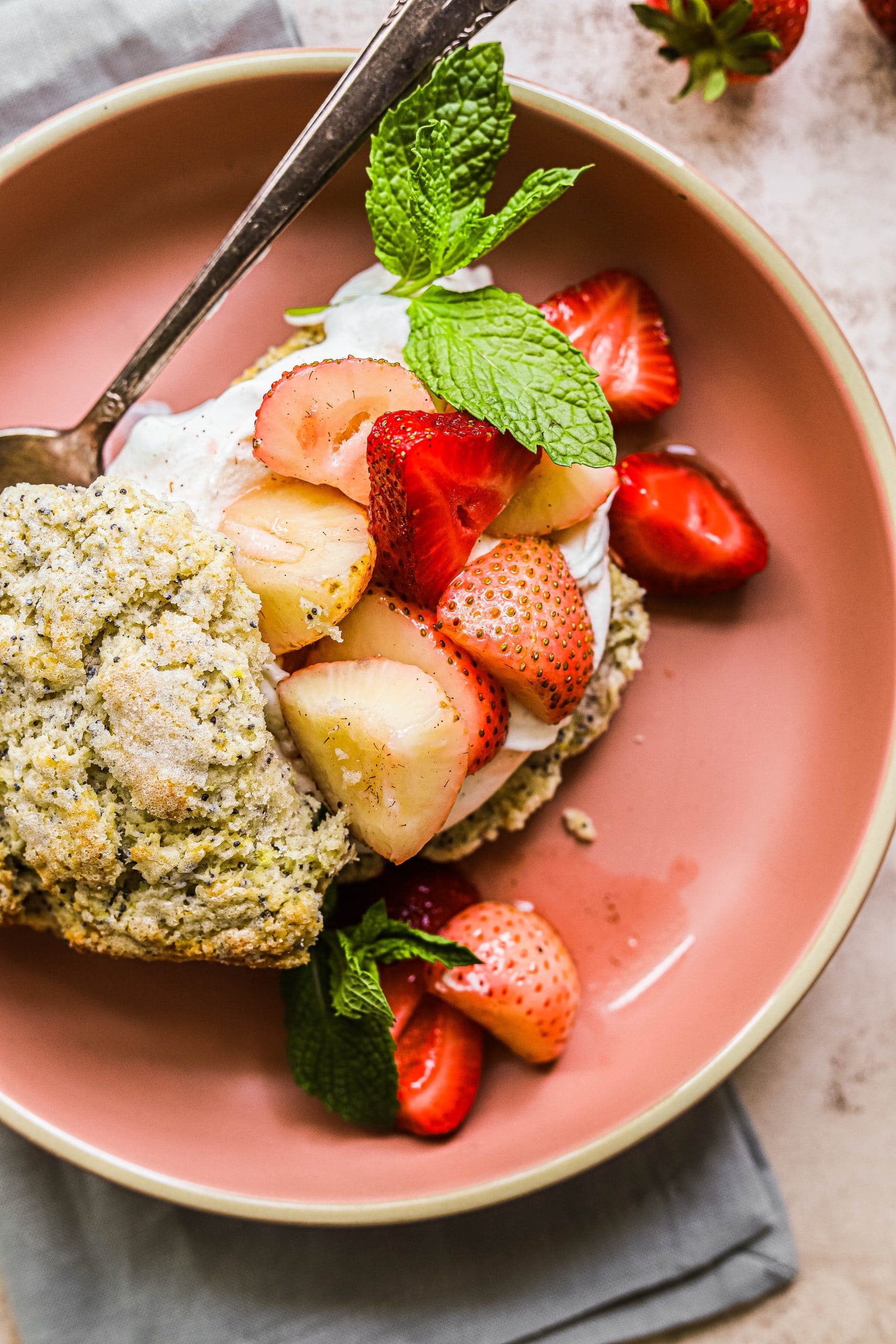 Strawberry lemon shortcake on a pink plate