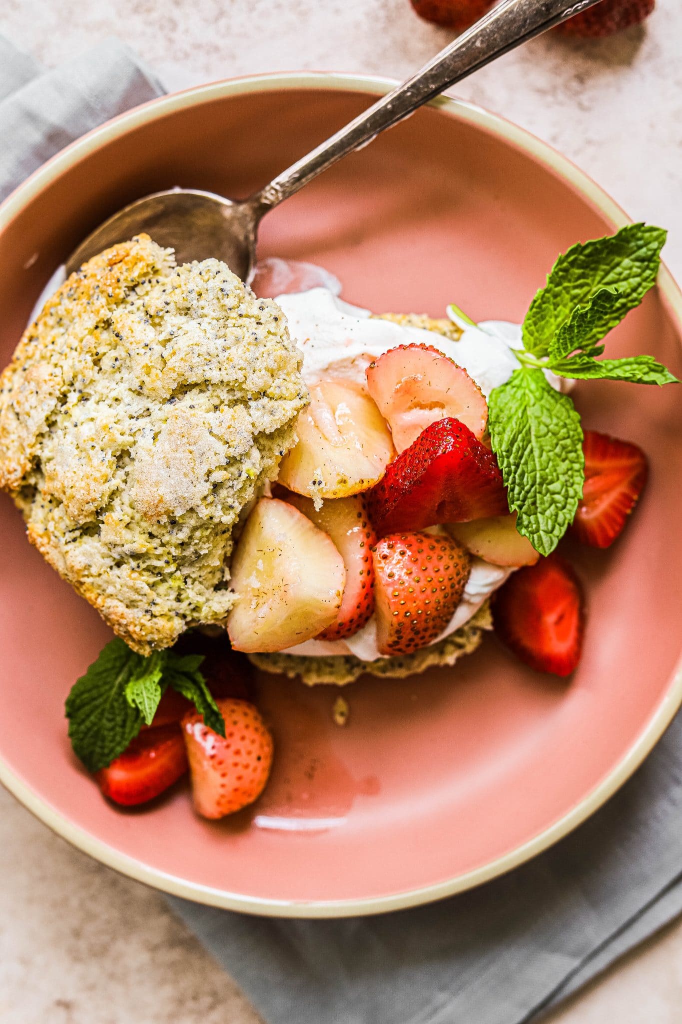 Strawberry lemon shortcake on a pink plate