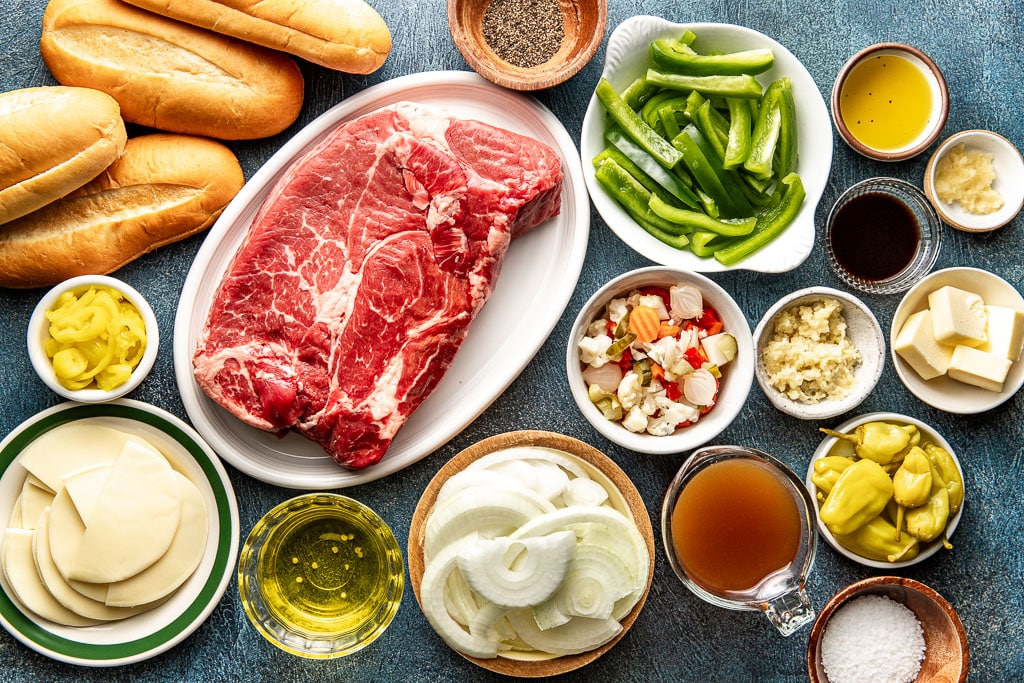 Italian beef sandwiches ingredients laid out