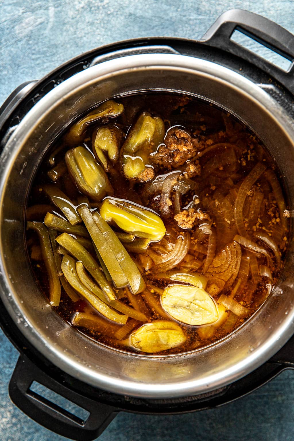 beef and ingredients in instant pot after cooking