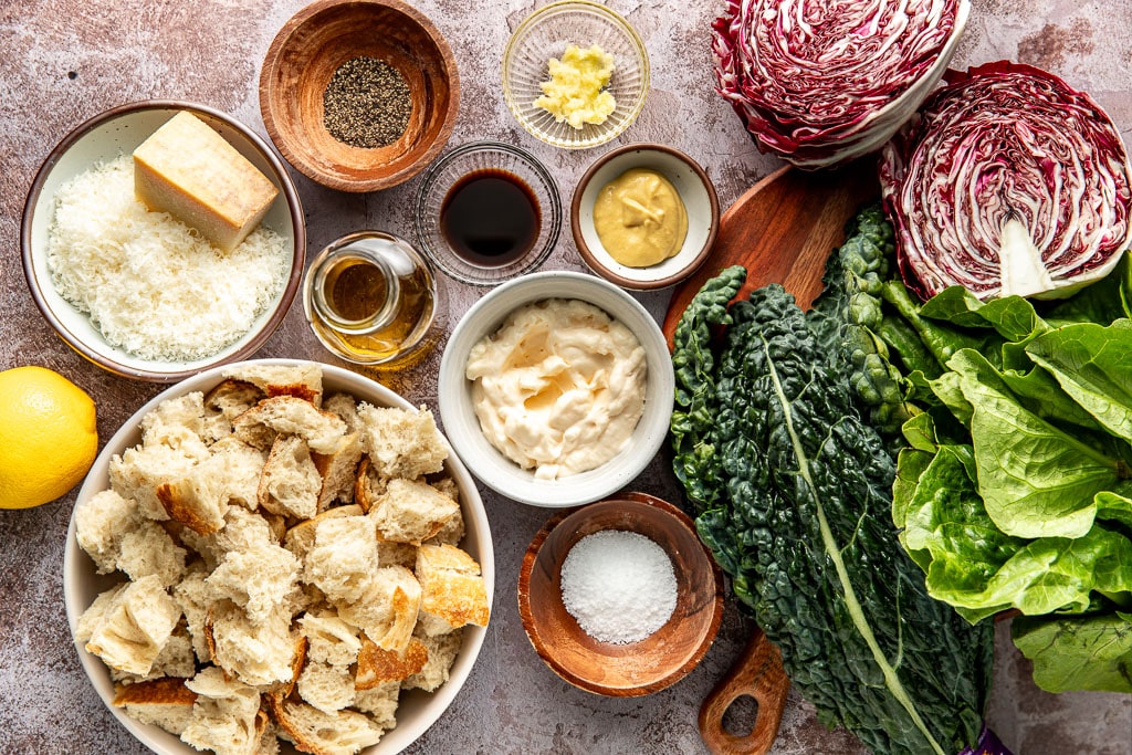 kale caesar salad ingredients laid out