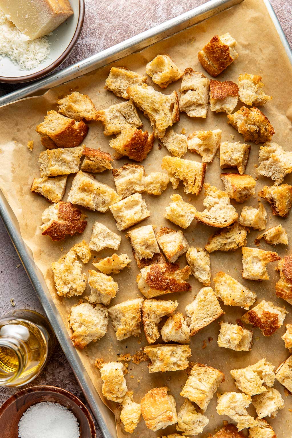 sourdough croutons after baking on a baking sheet