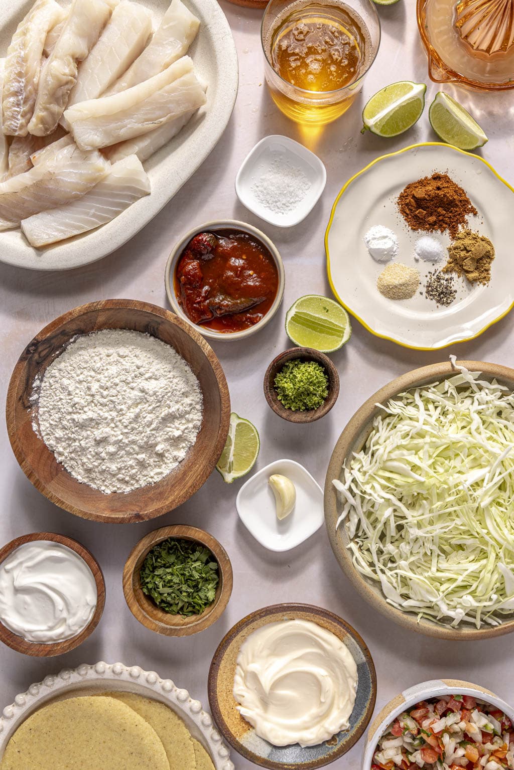 beer battered fish tacos ingredients laid out