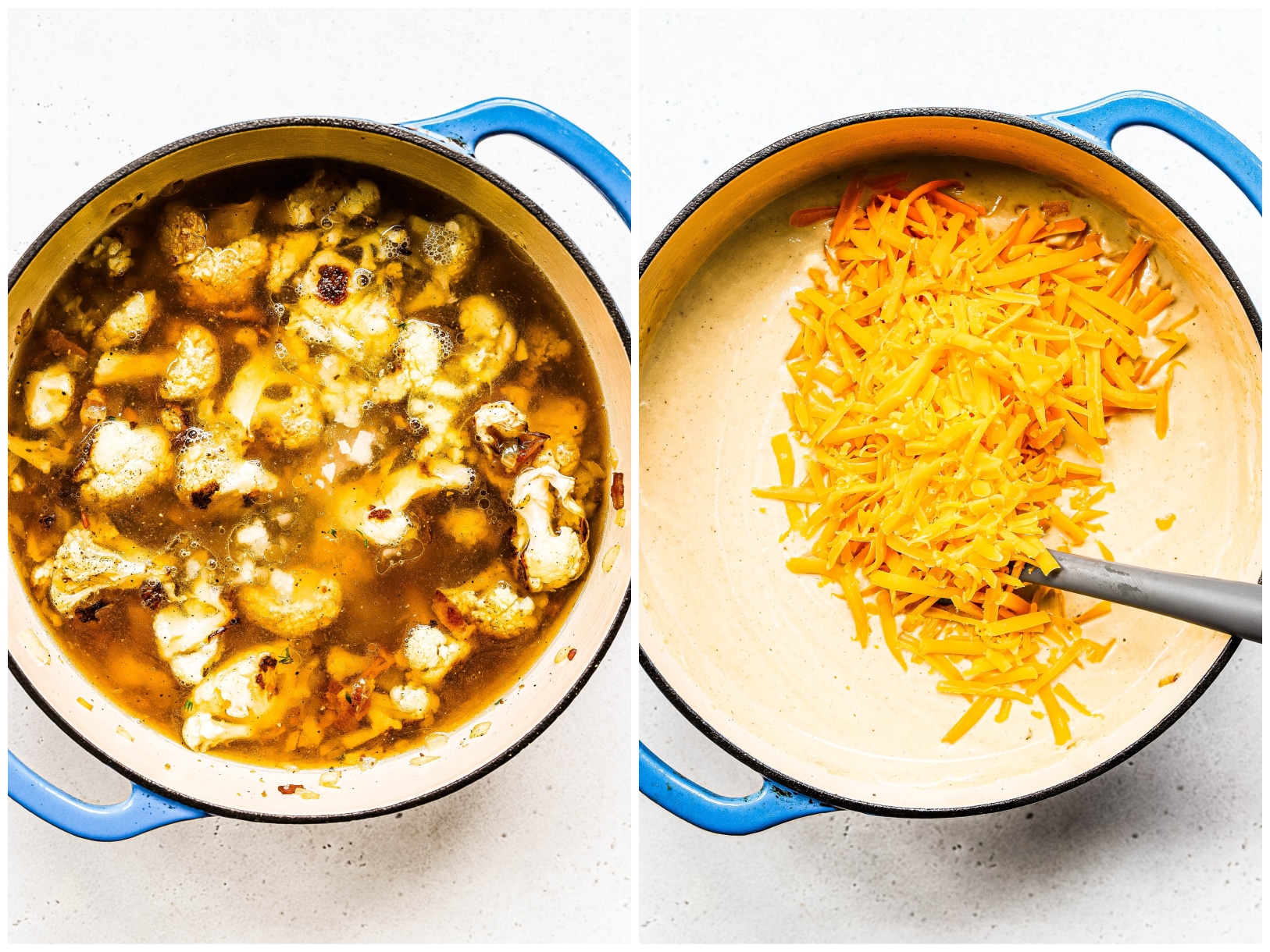 Roasted cauliflower soup before and after blending