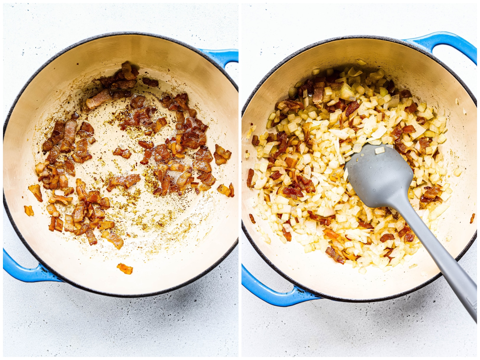 Bacon and onions cooking in soup pot