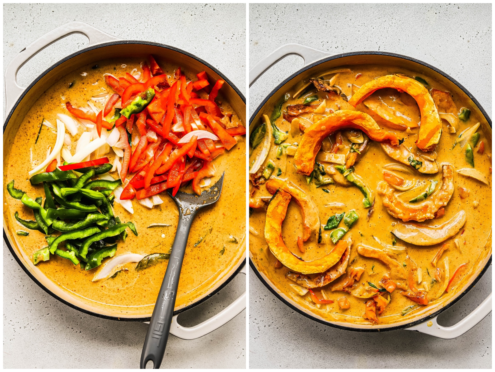 Photo collage showing final stages of making a Thai red curry with pumpkin 