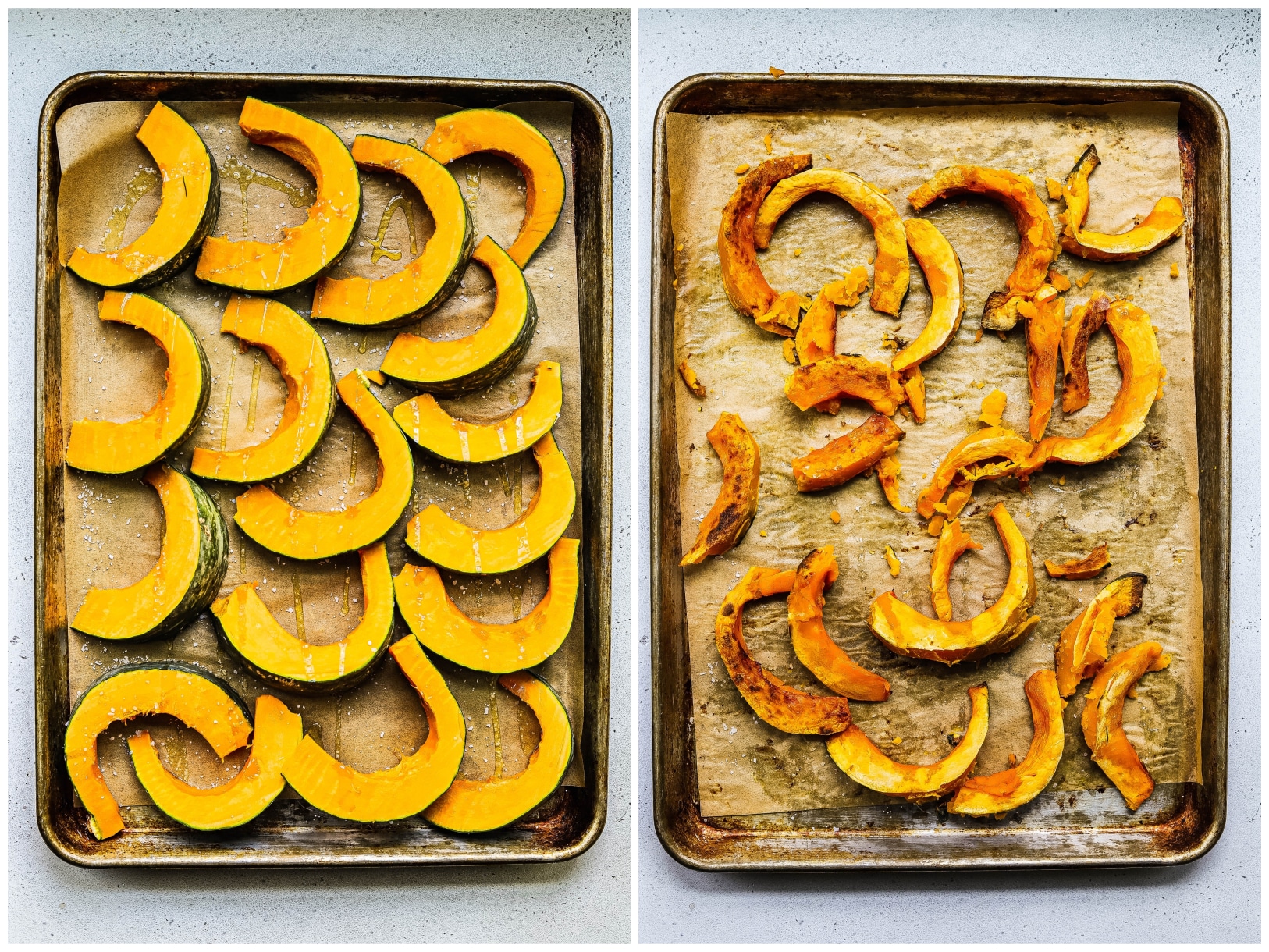 Photo collage showing kabocha squash before and after roasting 