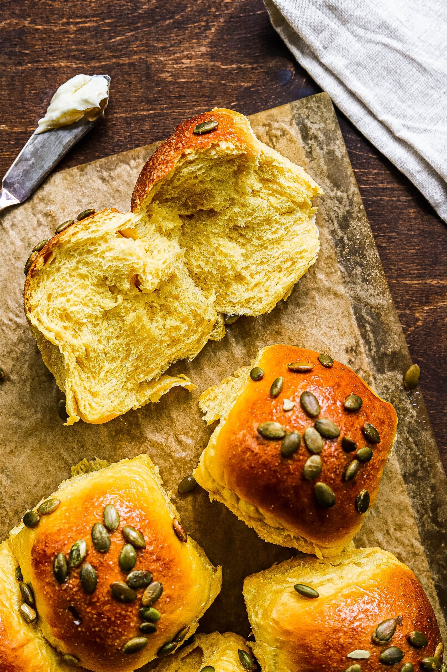 honey pumpkin dinner rolls, seen from above