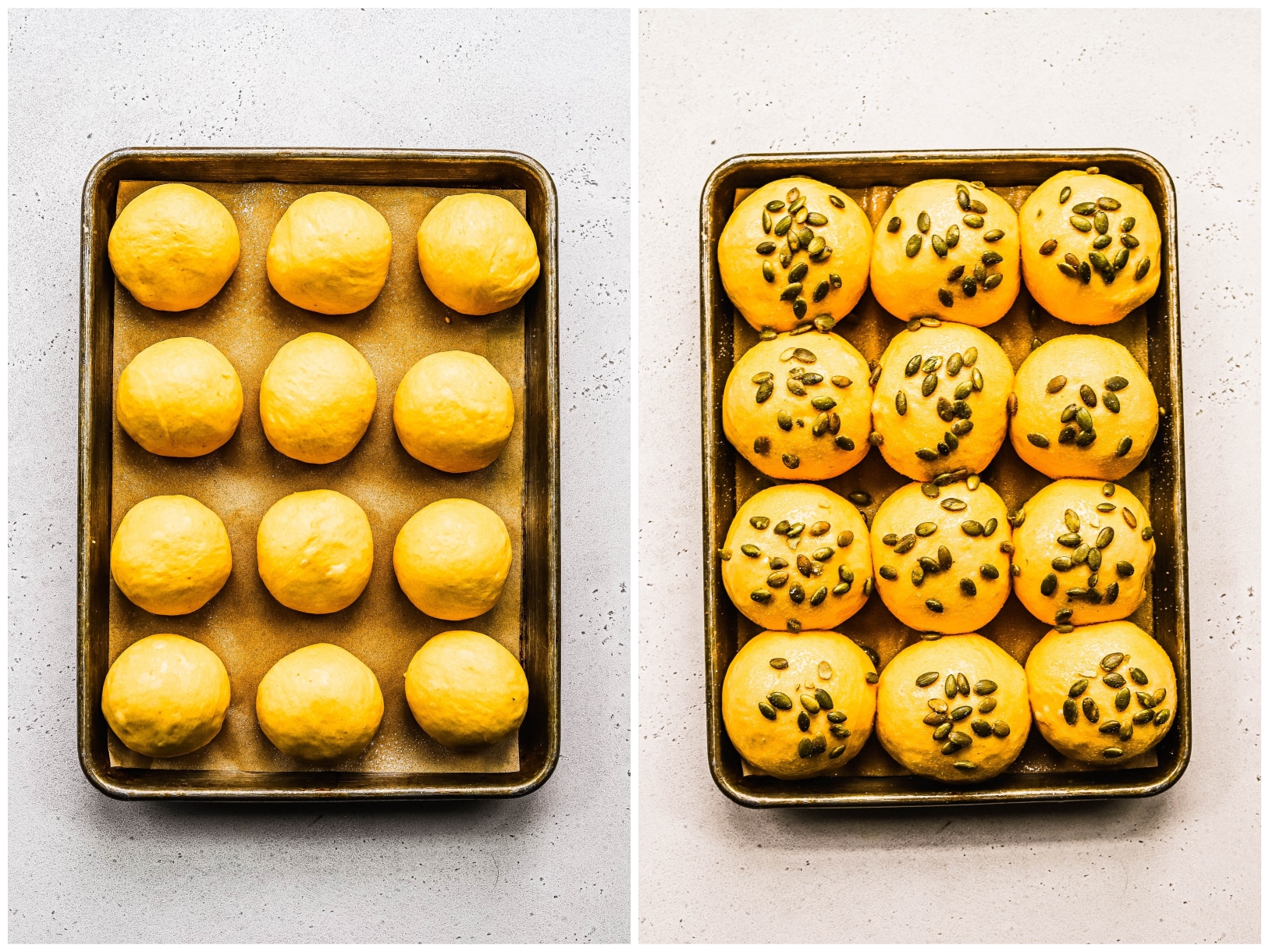 Pumpkin dinner rolls shaped and topped with pepitas
