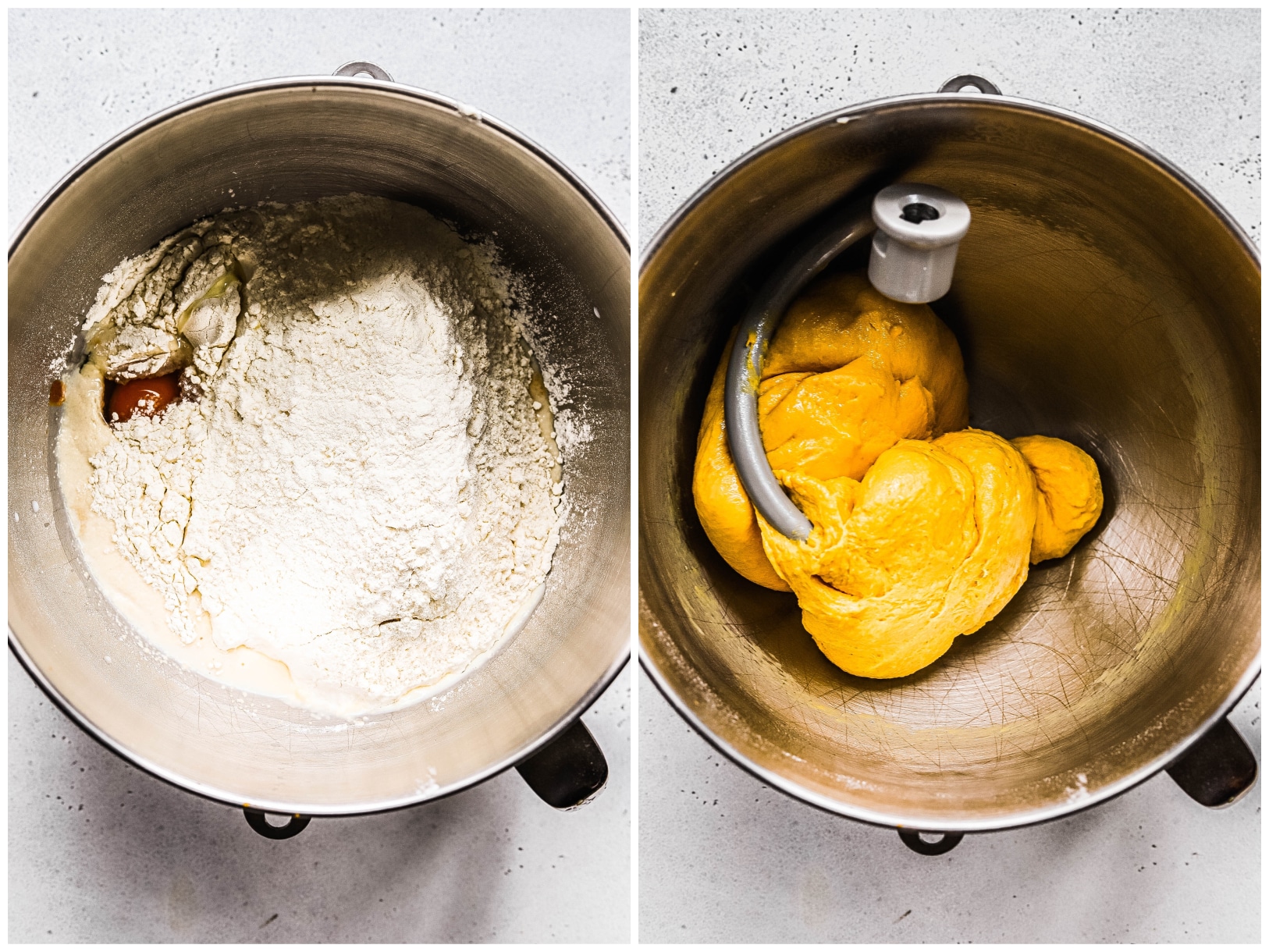 Photo collage showing how pumpkin dinner roll dough is made 