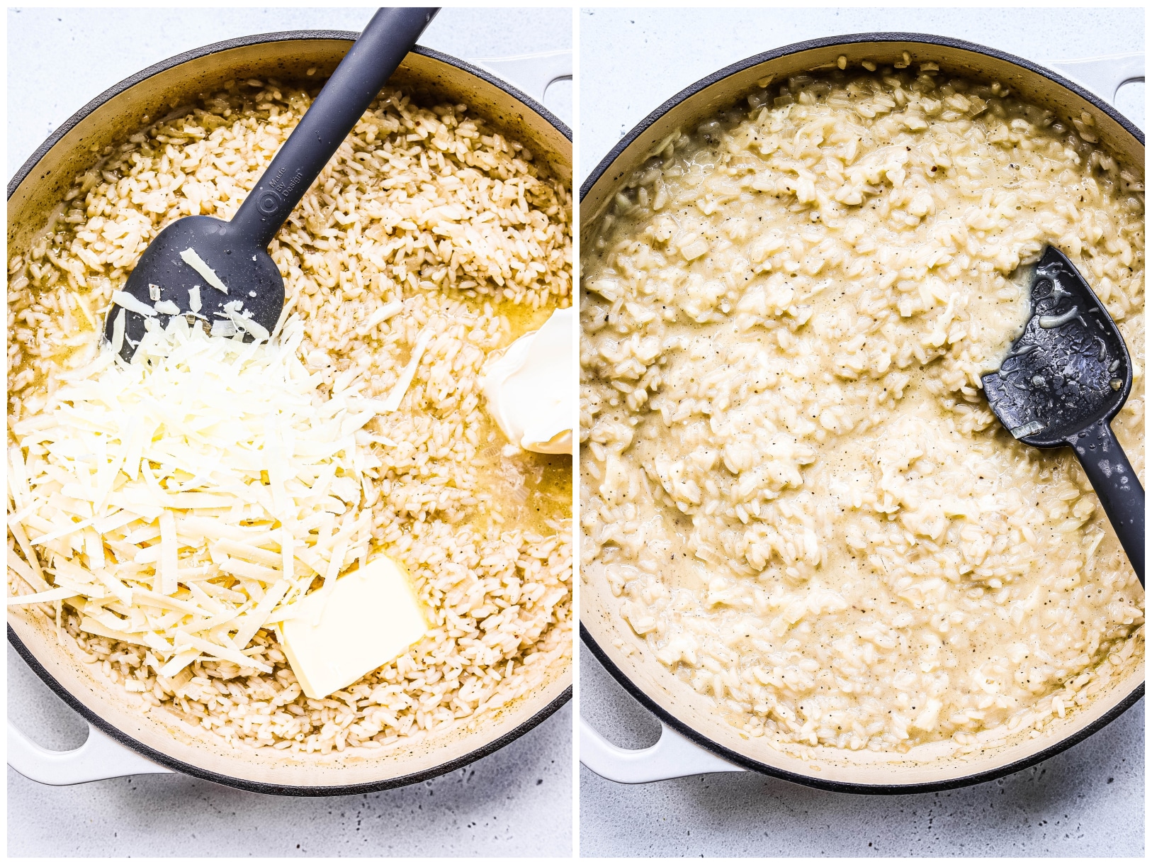 Cheese and butter being stirred into risotto 