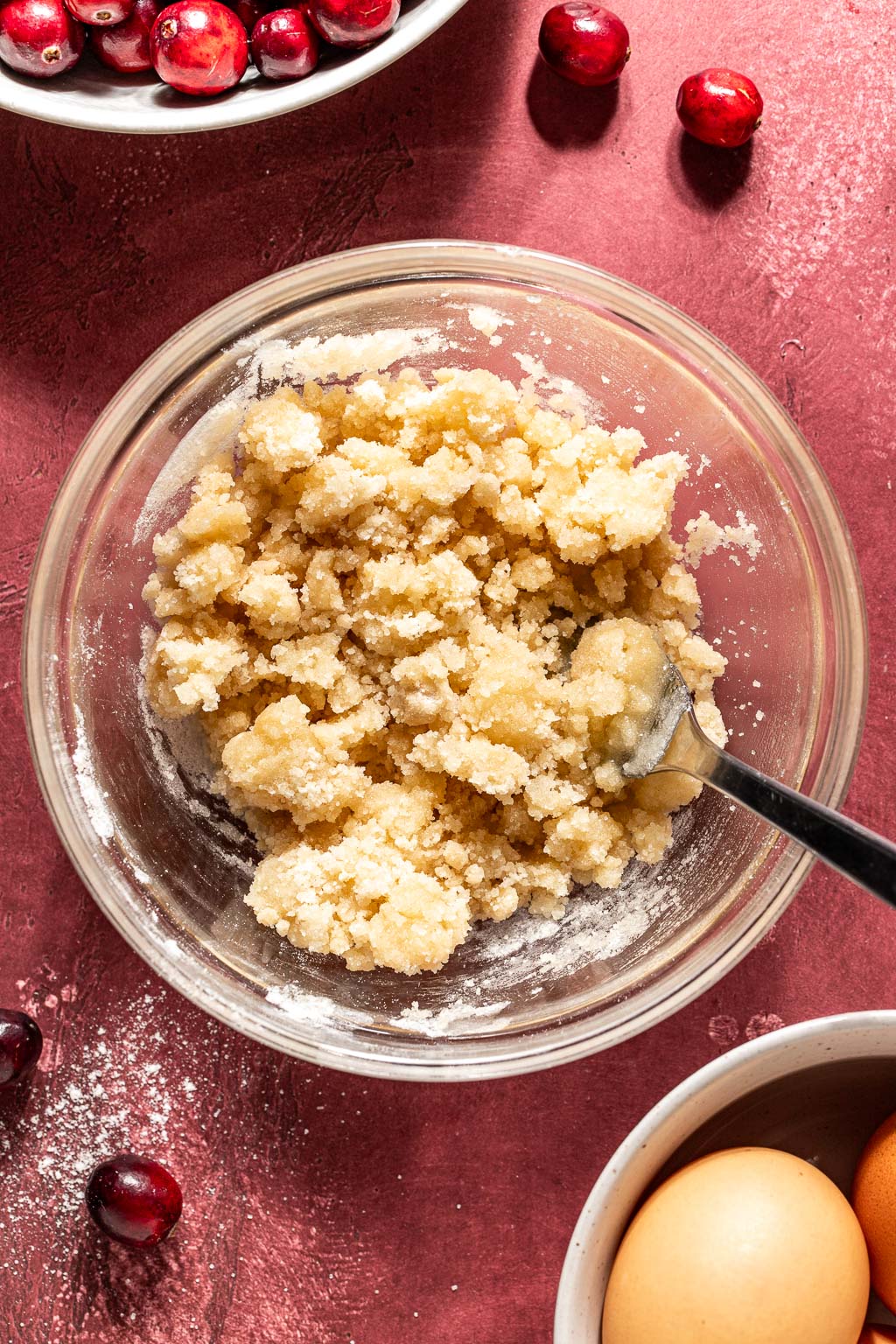 streusel for the moist cranberry ricotta cake in a glass bowl