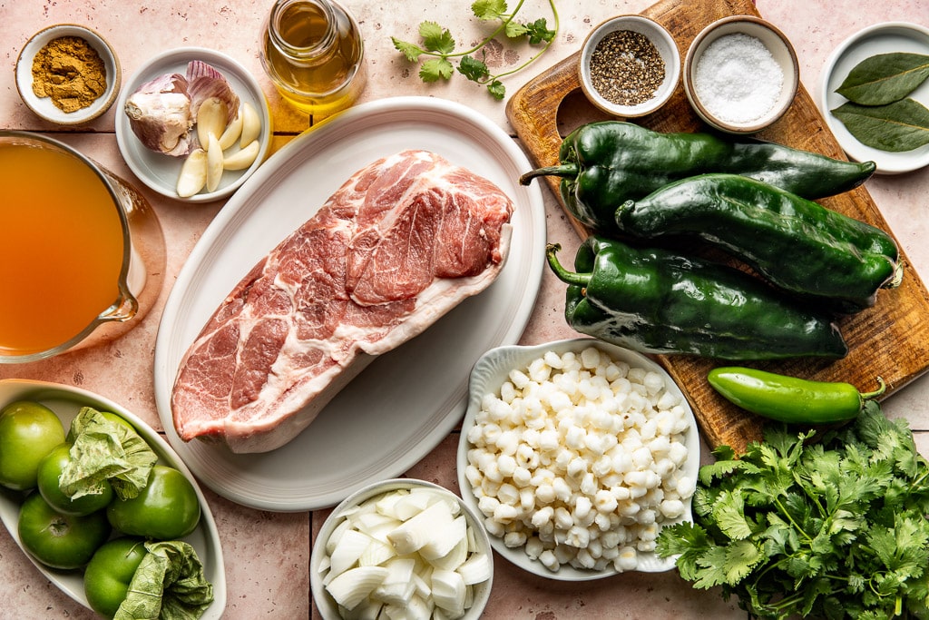 pork pozole verde ingredients laid out