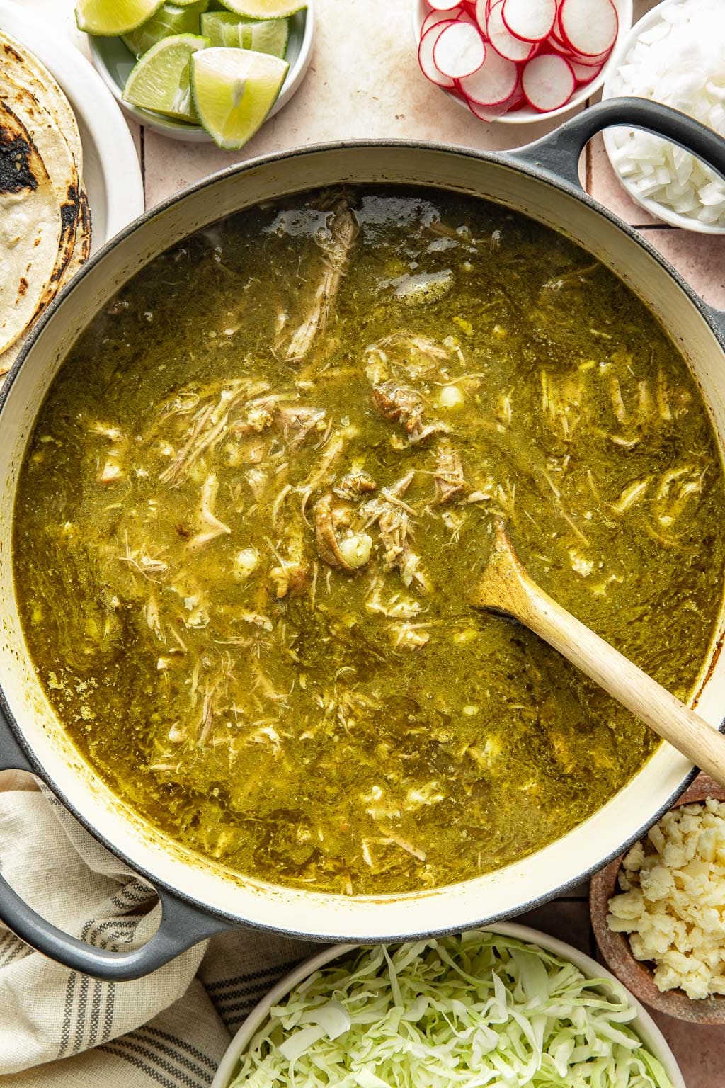 Pork pozole verde after the final simmer in a dutch oven