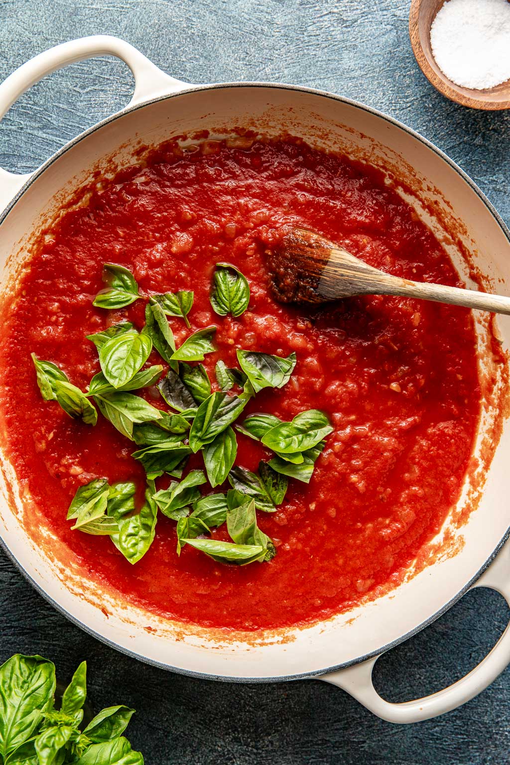 tomato basil sauce in a dutch oven