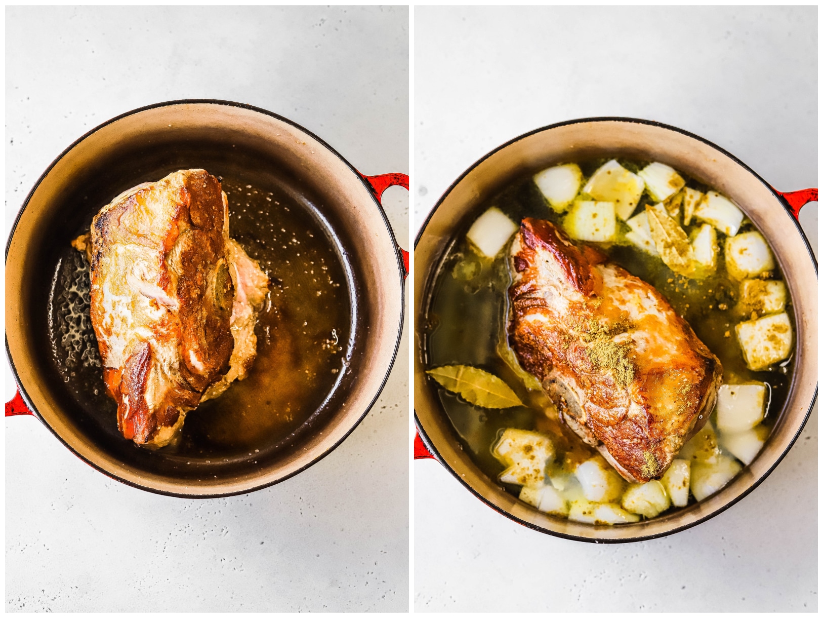 A photo collage showing pork shoulder after searing and then after braising. 