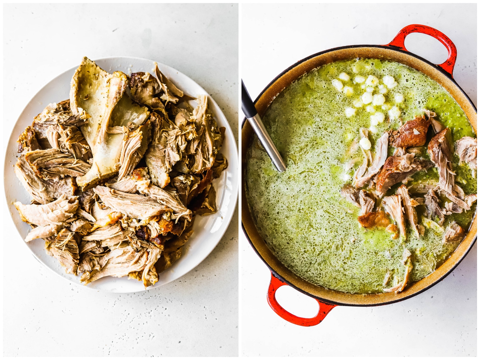A photo collage showing shredded pork and a Dutch oven of pork pozole verde. 