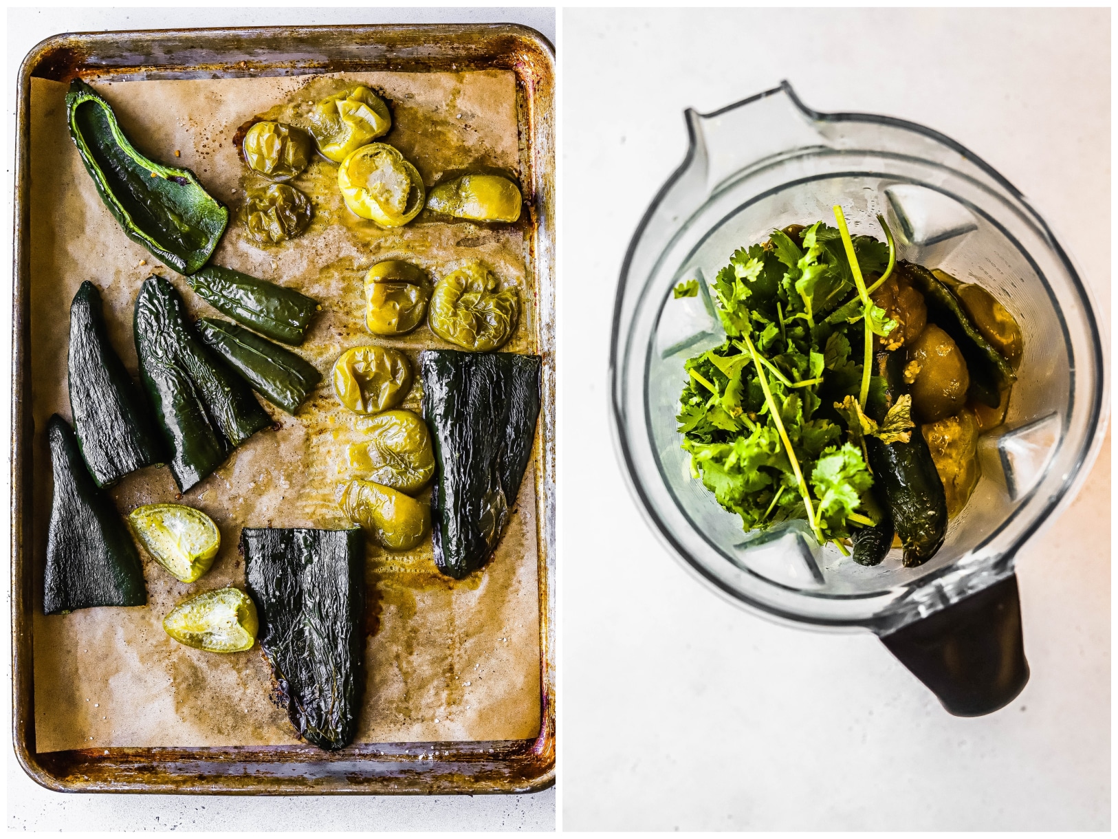 Photo collage showing roasted peppers and tomatillos on a sheet pan and in a blender with cilantro. 