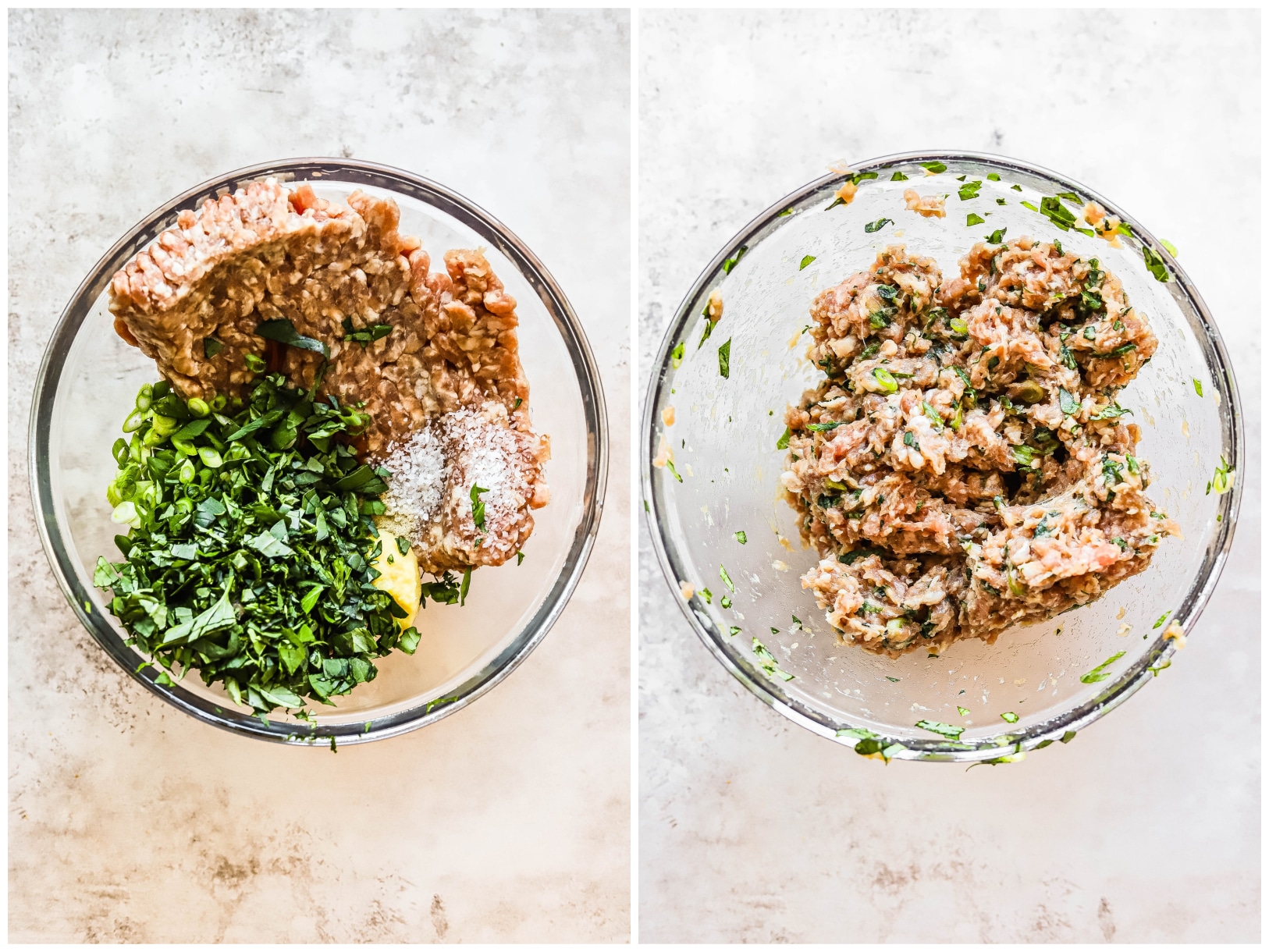 Photo collage showing chicken wonton filling being made in a mixing bowl 