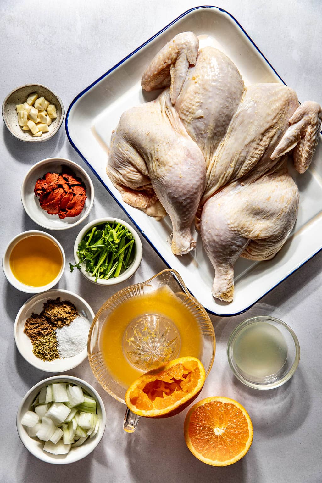 pollo asado recipe ingredients laid out on a grey background