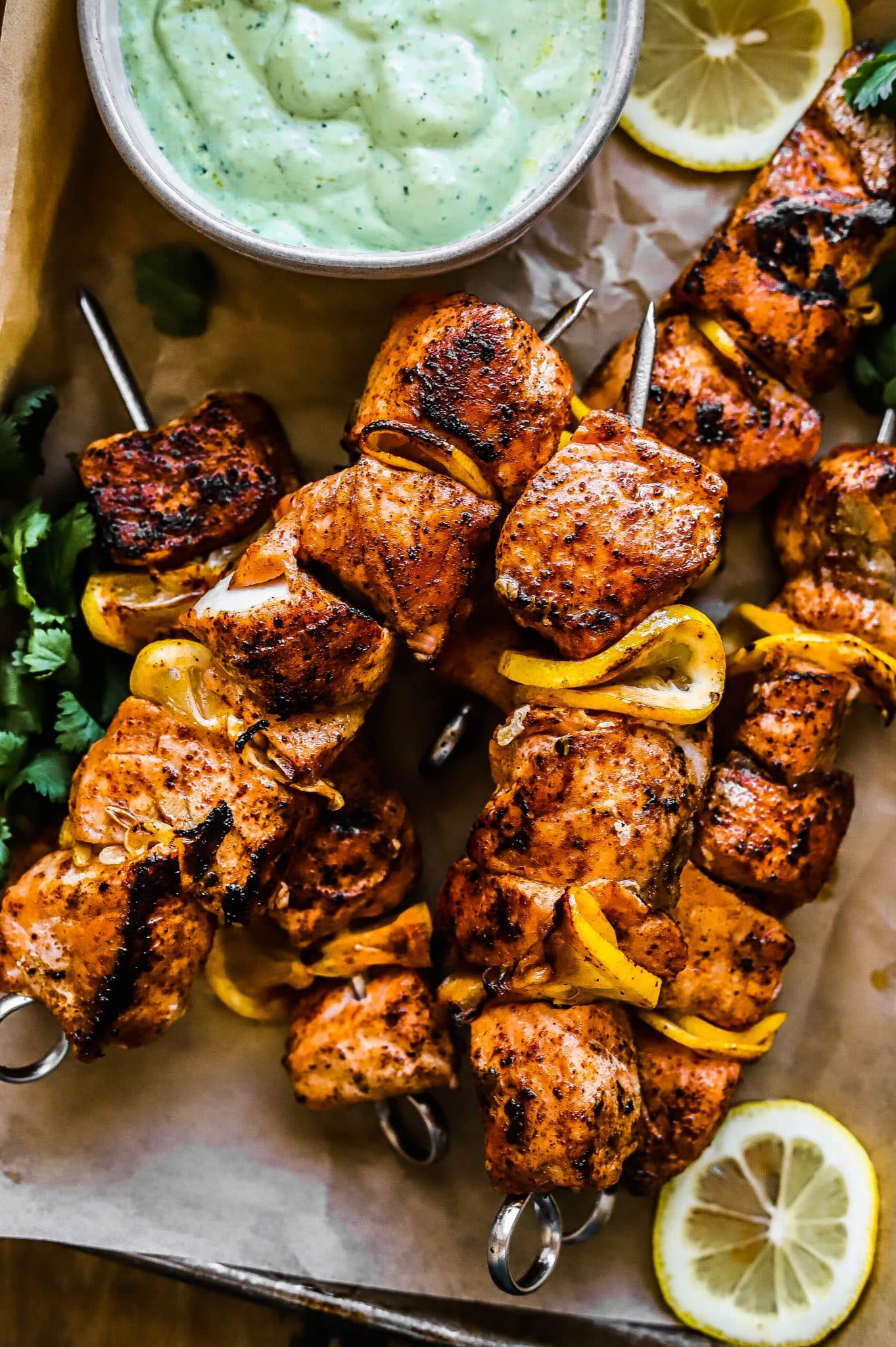 grilled salmon skewers, seen from above 