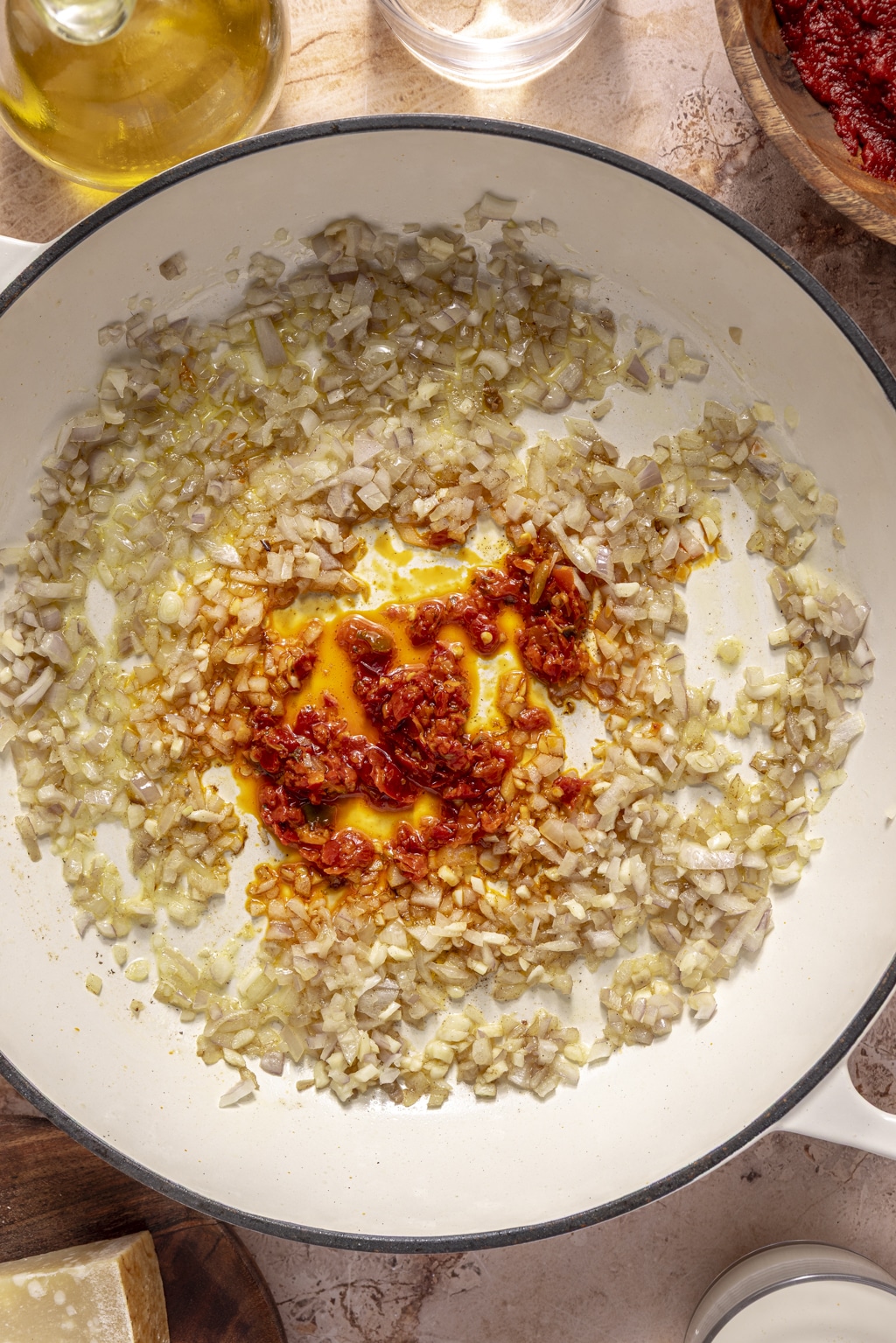 sautéed shallot, garlic, and calabrian chile in a dutch oven
