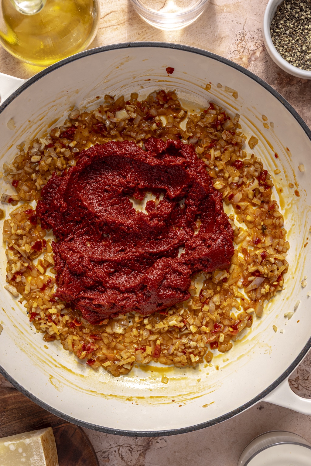 sautéed shallot, garlic, and tomato paste in a dutch oven