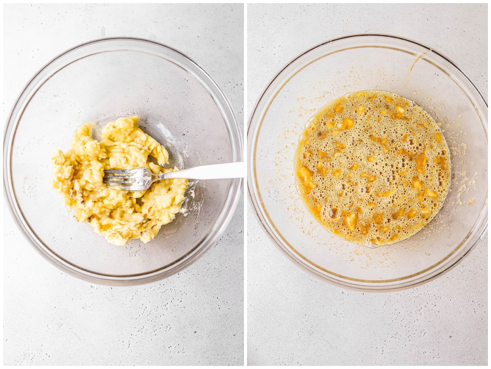 Photo collage showing wet ingredients for banana bread being mixed together 