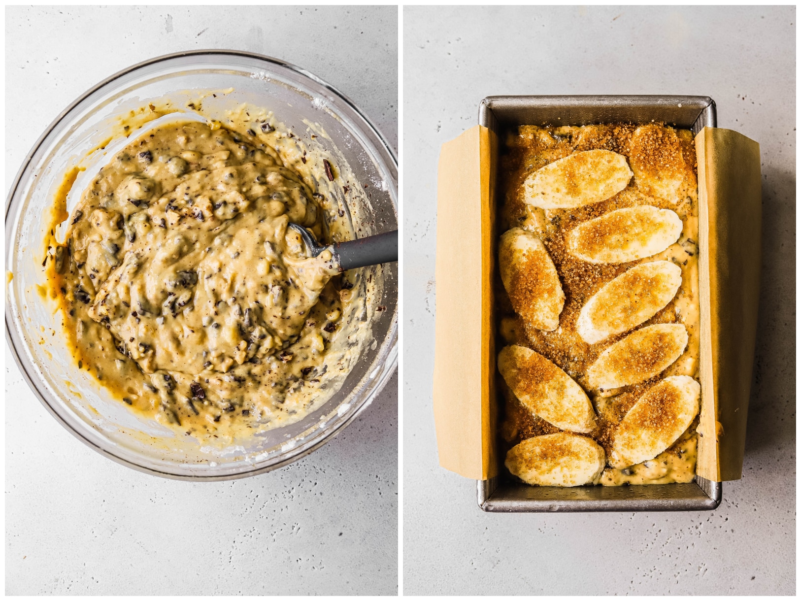 Photo collage showing yogurt banana chocolate chip bread batter in bowl and also loaf pan 