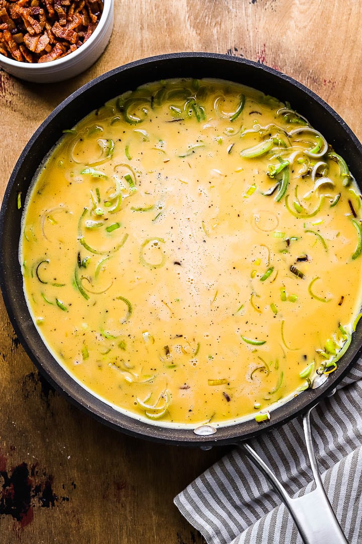 eggs and leeks in a skillet