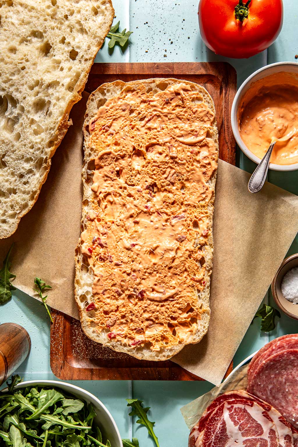 Calabrian mayo slathered on ciabatta bread 