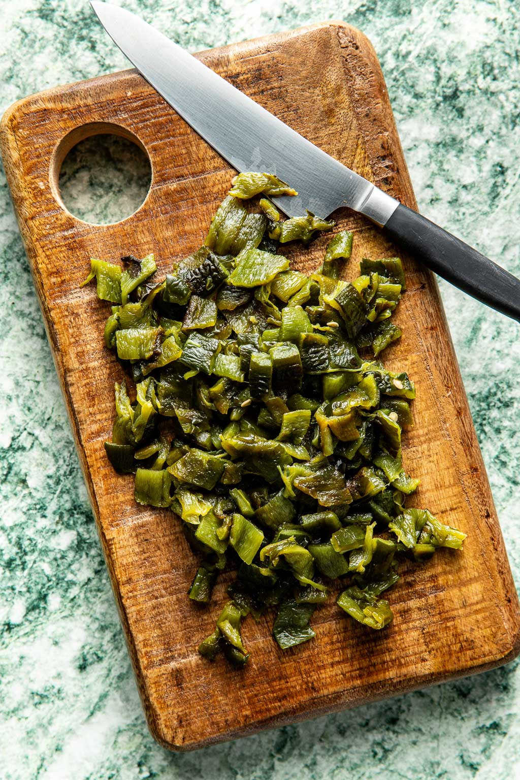 charred poblano peppers  after being peeled and chopped