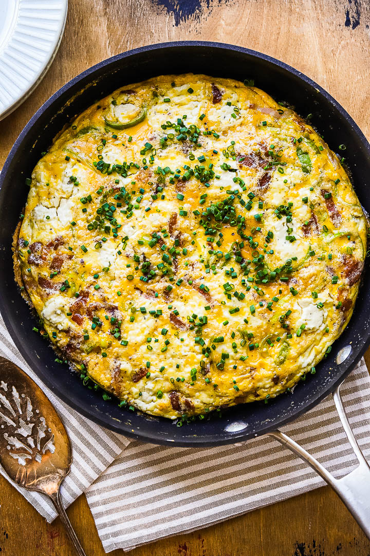 a bacon leek frittata in a non-stick skillet 