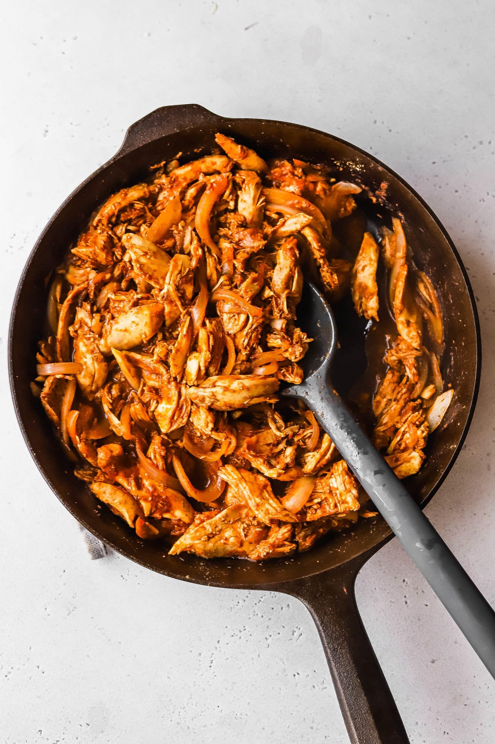 chicken taco filling in a skillet 