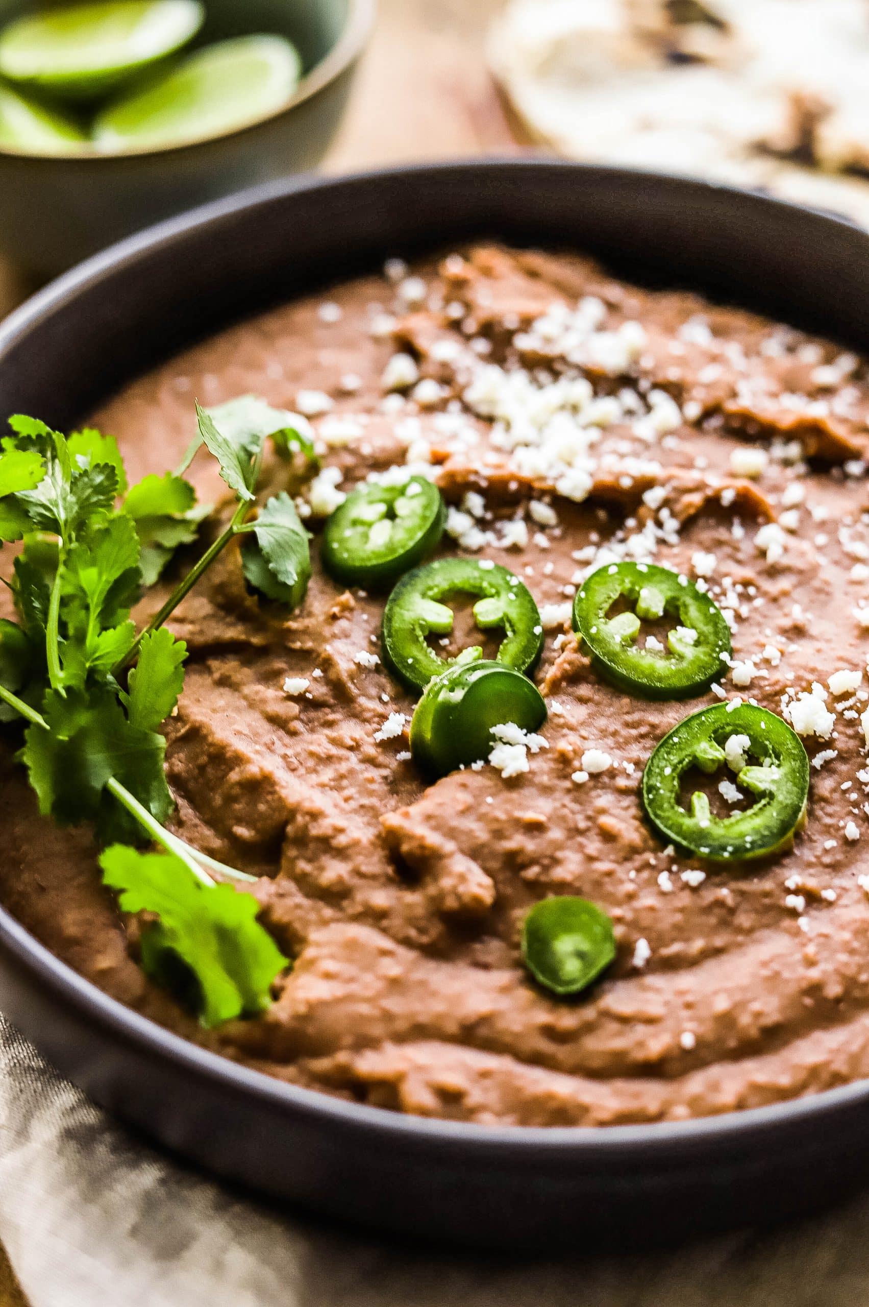 Instant Pot refried beans in a serving bowl